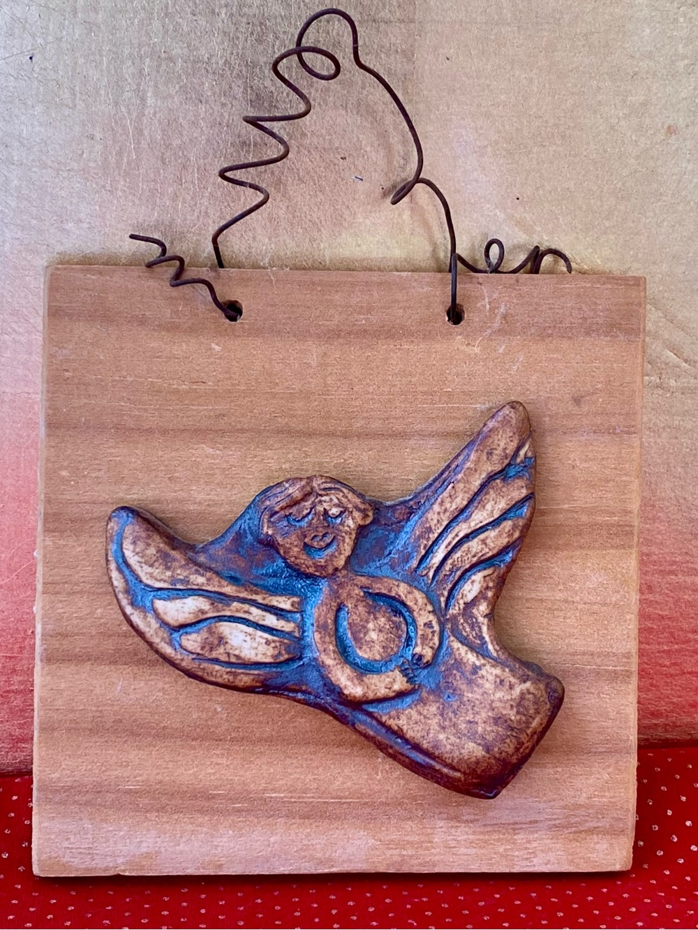 Beautiful Handmade Christmas Ornament / Decoration. Ceramic Angel on Wood.